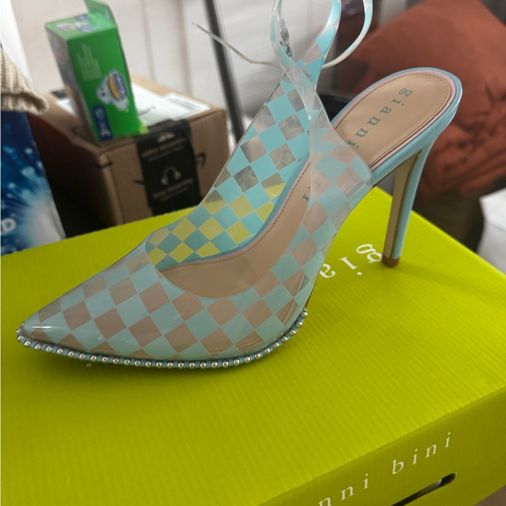 Gianni Bini Blue and Tan Checkered Heels
